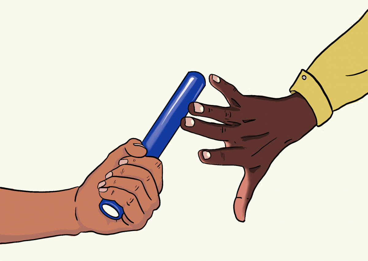 Hand passing baton on to another person